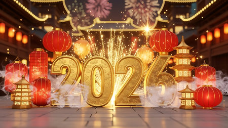 Happy new year 2023 with lanterns 3d-illustrationの素材