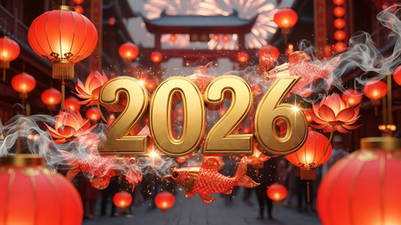 Happy Chinese New Year 2016 with red lanterns, 3d renderingの素材
