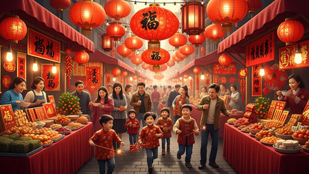 Chinese new year lanterns and people in the streets of chinaの素材