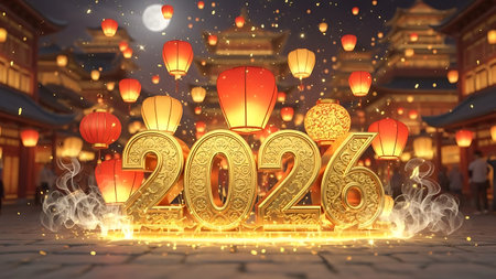 2022 Happy New Year with lanterns and firework. 3D renderingの素材
