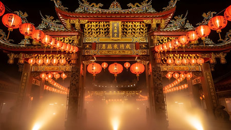 chinese temple with red lanterns at night, china.の素材