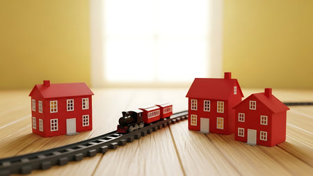 Toy train and small houses on wooden floor. 3D illustration.の素材