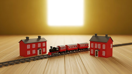 Toy train and red houses on a wooden floor, 3d renderの素材