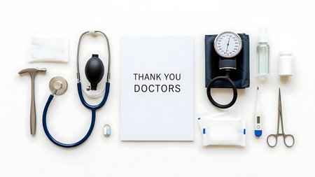 Top view of stethoscope, blood pressure monitor, tonometer, medical tools on white backgroundの素材