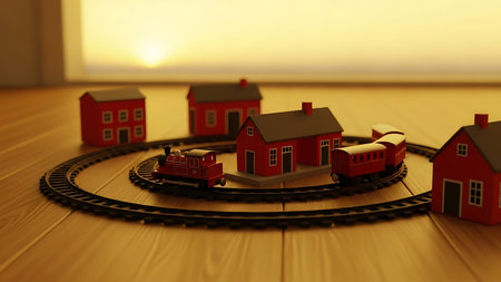3D render of a miniature house on a railroad track with red housesの素材