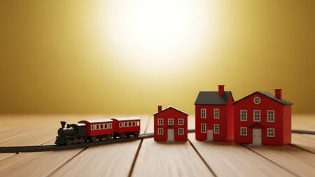 Toy train and house on a wooden floor with copy space. 3D illustration.の素材