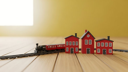 Toy train and red house on wooden floor. 3d illustration.の素材