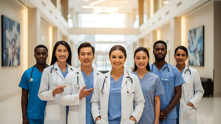 group of smiling doctors with stethoscopes standing in hospital corridorの素材