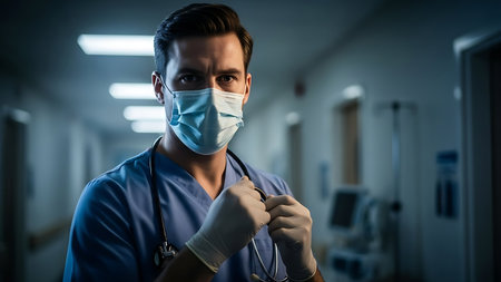 Portrait of a male surgeon wearing surgical mask in operation room at hospitalの素材