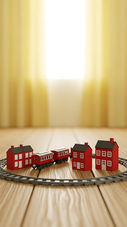 3D illustration of a railway and a little houses on a wooden floorの素材