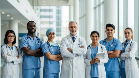 Portrait of confident multiethnic medical team standing in hospital corridorの素材