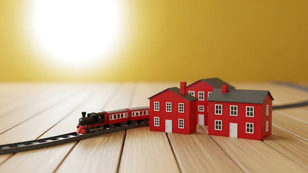 Toy train and house on wooden floor, 3d render illustration.の素材