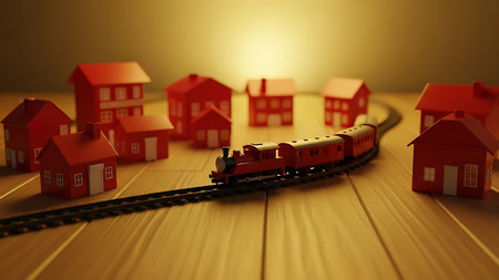 3d render of toy train and small houses on wooden background.の素材