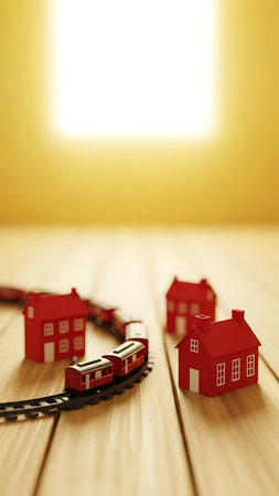 Miniature toy train with red houses on wooden floor and sunlight.の素材