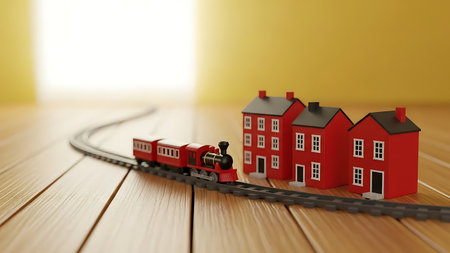 3d illustration of a toy train running through a row of housesの素材