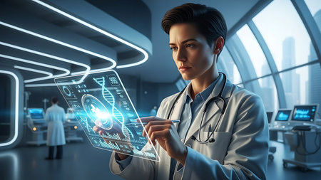 Young female doctor using hologram screen in modern hospital. 3D renderingの素材