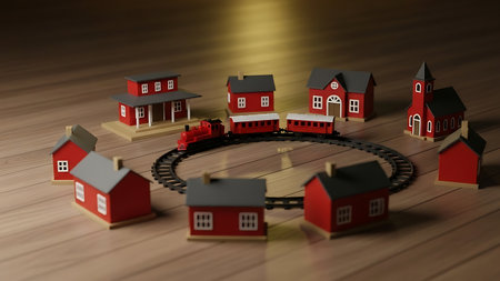 3d illustration of small houses in a circle over wooden floor backgroundの素材