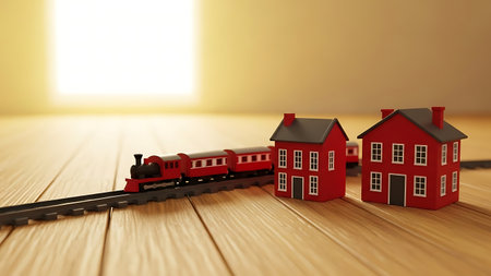 3d illustration of toy train and miniature house on wooden floor.の素材