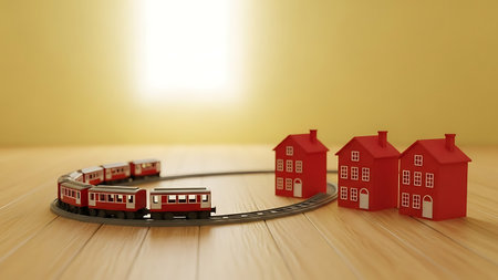 3d render of toy train with red houses on wooden floor.の素材