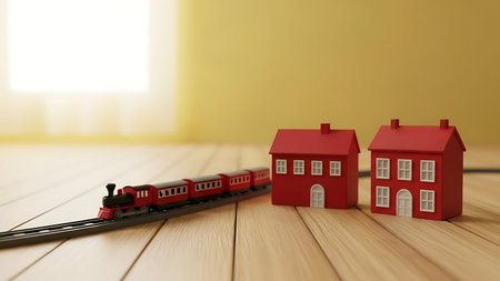3d render of a toy train and a small house on a wooden floorの素材