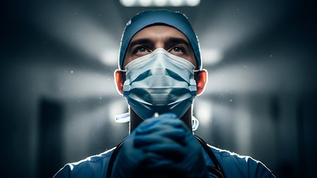 Portrait of confident surgeon in protective mask and gloves. Mixed mediaの素材