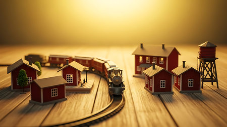 Miniature model of houses and train on wooden background. 3d renderingの素材