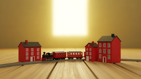 3d render of a toy train and red houses on wooden floorの素材