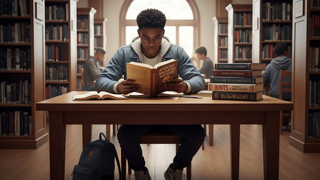 Young african american man reading book in library. Education concept.の素材