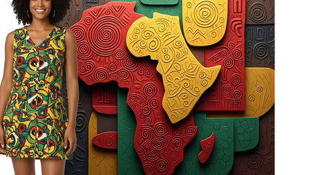 African american woman with afro hairstyle and colorful pattern on the wallの素材