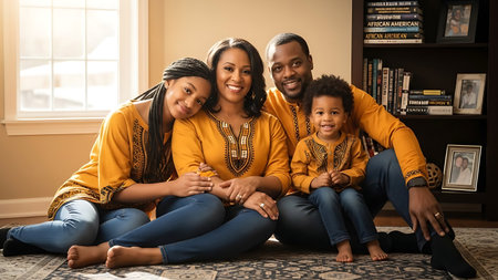 Portrait of happy African American family sitting on floor in living roomの素材