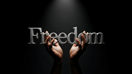 Close up of human hands holding word freedom in silver letters on black backgroundの素材