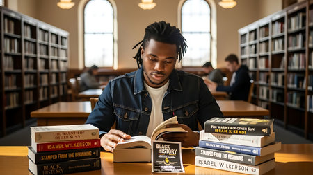 african american male student reading book in public library at universityの素材