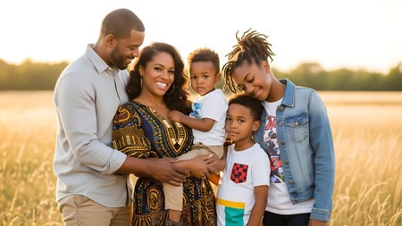 happy african american family with little son and daughter at fieldの素材
