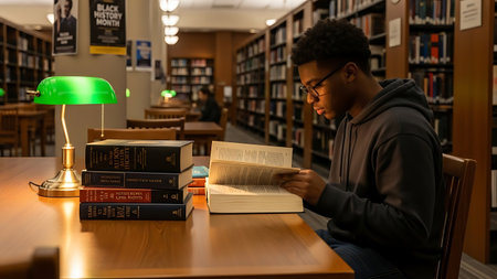 African american male student reading a book in a library - African peopleの素材