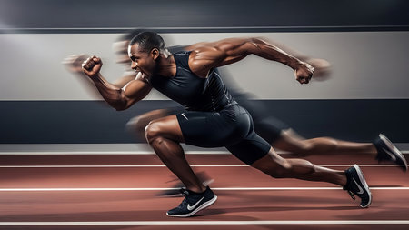 Male athlete running on the track against grey and white background with vignetteの素材
