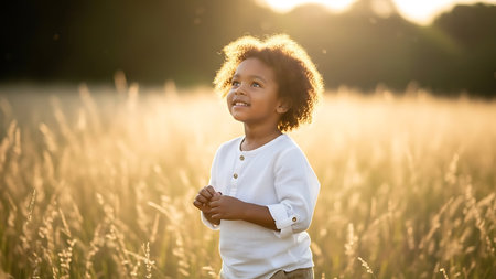 Happy african american little boy in a wheat field at sunsetの素材