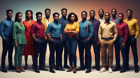 Group of young african american people standing in a row.の素材