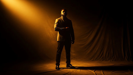 Full length portrait of a confident businessman standing with his arms crossed and looking at the camera over dark backgroundの素材