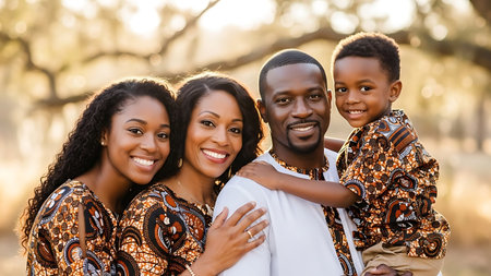 happy african american family with one child in park at sunsetの素材