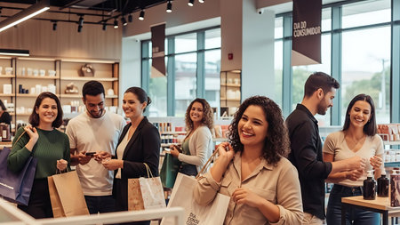 Group of happy young business people with shopping bags in a modern shopping mall.の素材