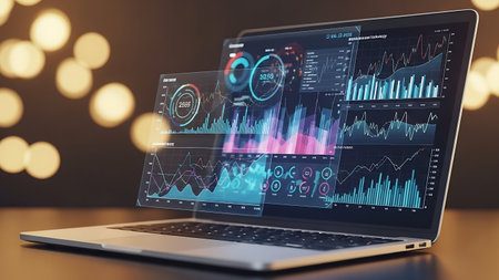 Laptop with abstract financial chart on screen. 3D Renderingの素材