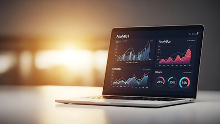 Laptop with business charts and graphs on screen. 3d renderingの素材