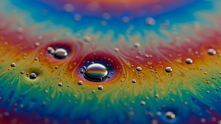 Water drops on the surface of a colorful liquid. Macro photography.の素材