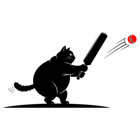 Vector image of cat playing cricket. Black cat on white background.のイラスト素材