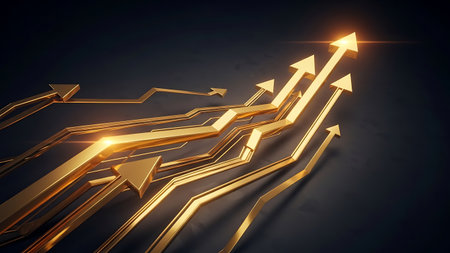 3d rendering of golden arrows pointing up on dark background. Business growth conceptの素材