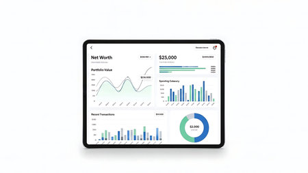 Modern digital tablet isolated on white background with financial graph and chart.の素材