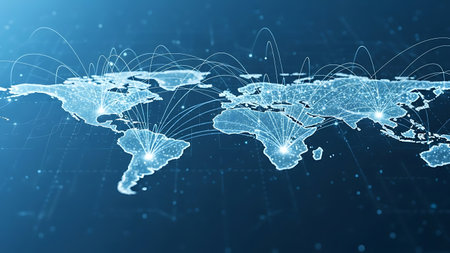 Digital world map with connection lines on blue background. 3D renderingの素材