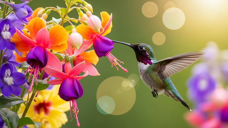 Hummingbird and colorful flowers in the garden with bokehの素材