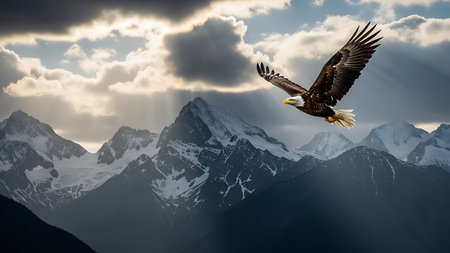 Bald Eagle flies over the mountains. 3D Rendering.の素材