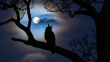 Owl sitting on a branch in front of the full moon.の素材